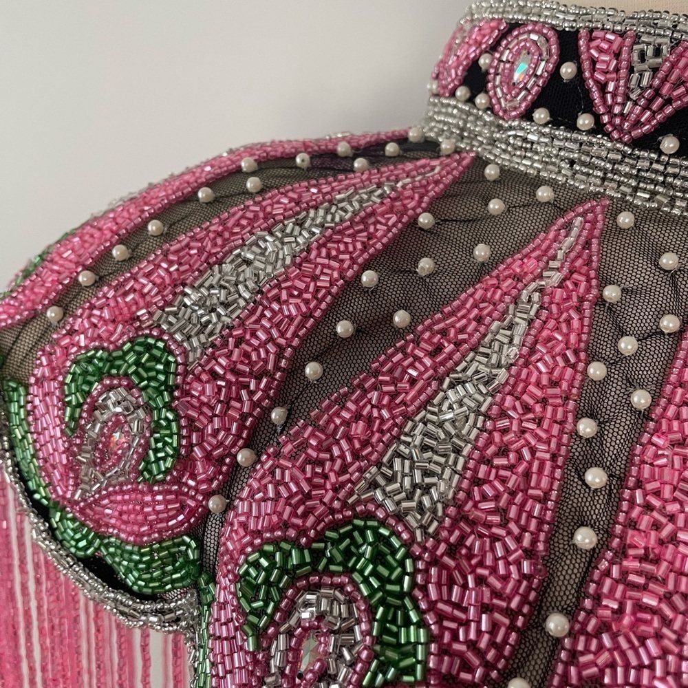Pink Green and Pearls Hand beaded fringe Cape - Picture 5 of 7